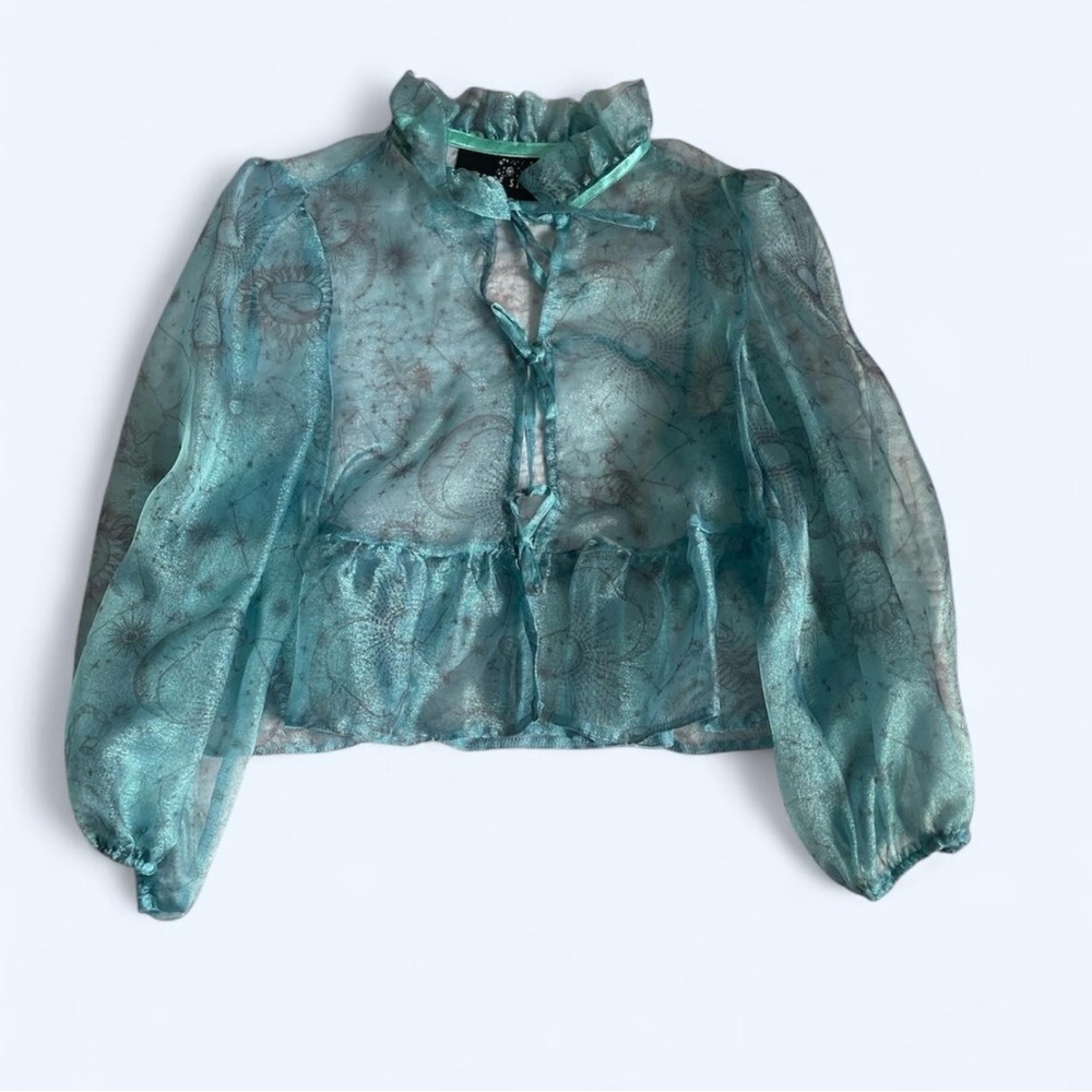 Sheer Teal Blouse with Ruffle Collar